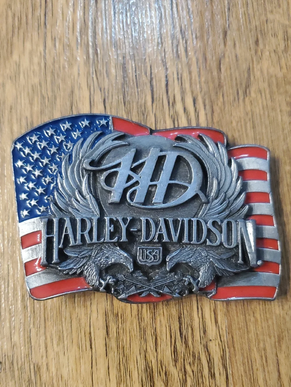 Harley-Davidson Patriotic Eagle Flag Belt Buckle 1989 Siskiyou- Red, White, Blue